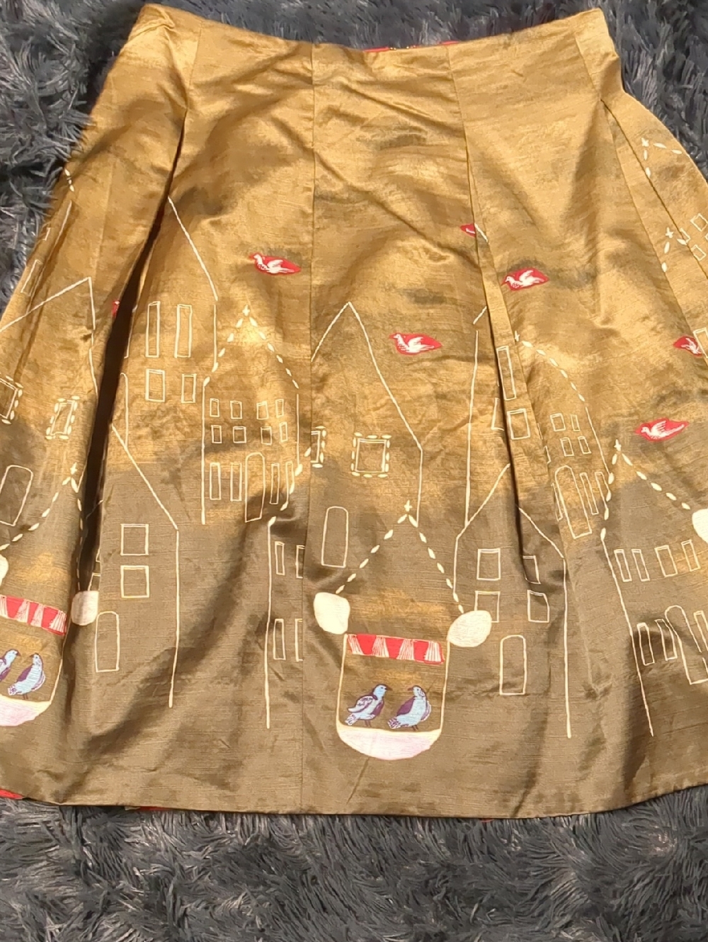 Maeve Metallic Gold A-Line Skirt with Town & Bird Print